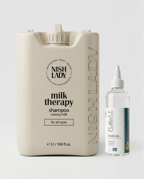 Шампунь Nishlady Milk Therapy 5 л + масло для машинок Flawle 150 мл
