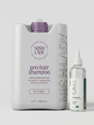 Шампунь Nishlady Pro-Hair 5 л + масло для машинок Flawle 150 мл